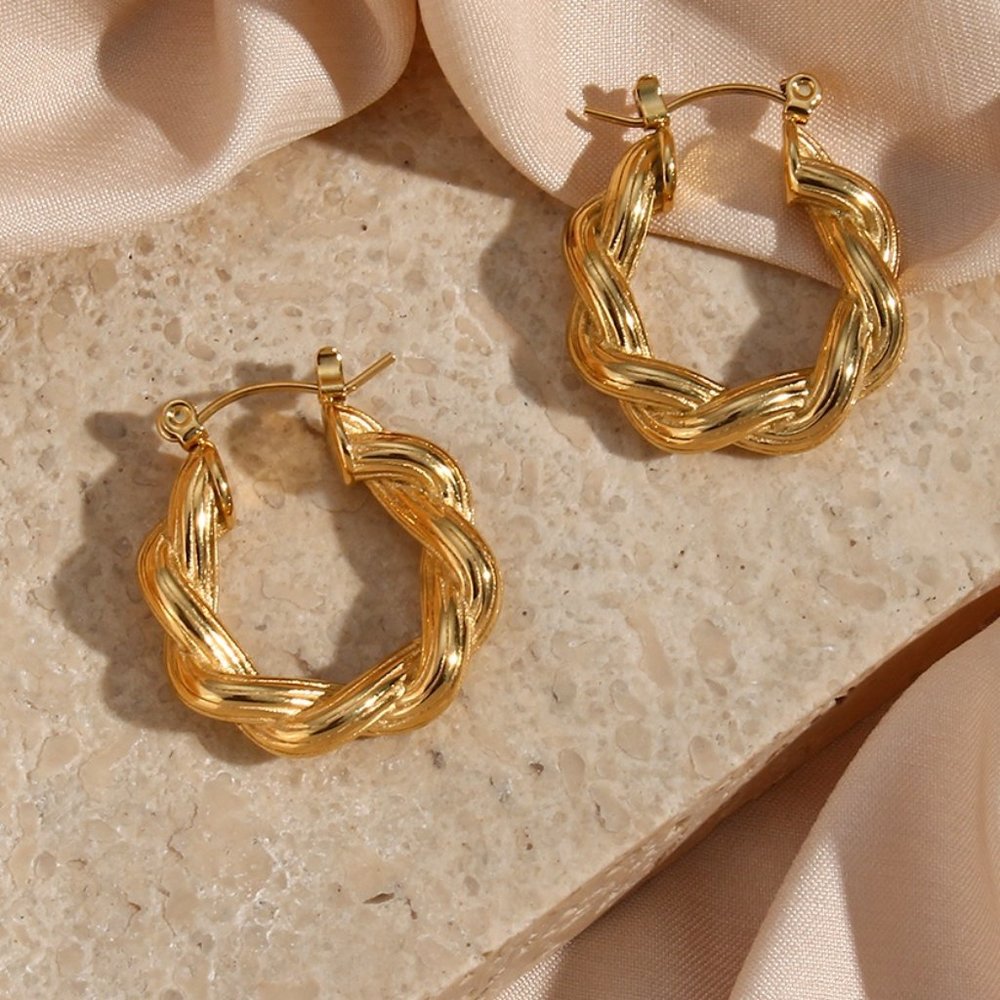 Chunky Twisted Striped Texture Hoop Earrings 18K Gold Plating Stainless Steel - Picture 7 of 9